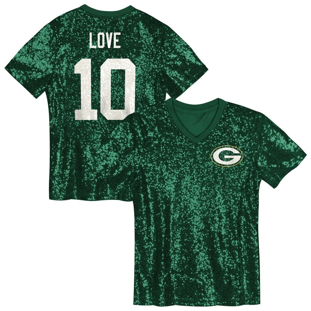 Jordan Love Green Bay Packers Girls Youth Sequin V-Neck Fashion Jersey