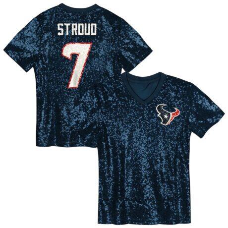 C.J. Stroud Houston Texans Girls Youth Sequin V-Neck Fashion Jersey - Navy - Front View