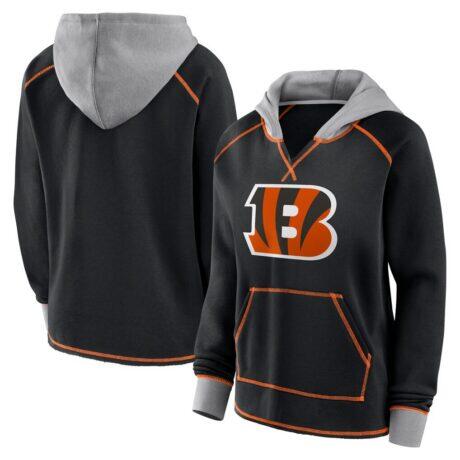 Cincinnati Bengals Logo Athletic Women's Boom Fleece Pullover V-Neck Hoodie - Black - Front View