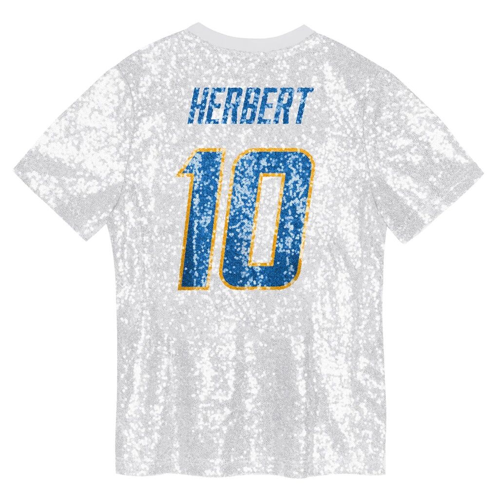 Justin Herbert Los Angeles Chargers Girls Youth Sequin V-Neck Fashion Jersey - Powder Blue