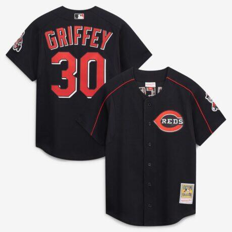 Ken Griffey Jr. Cincinnati Reds Mitchell & Ness Cooperstown Collection Authentic Mesh Batting Practice Jersey - Black - Front View
