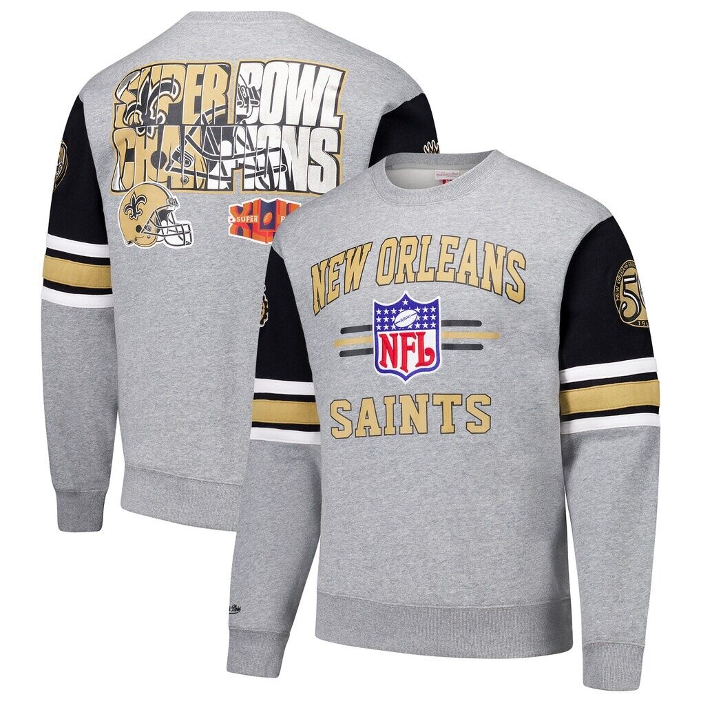 New Orleans Saints Mitchell & Ness All Over 4.0 Vintage Logo Pullover Sweatshirt - Heather Gray