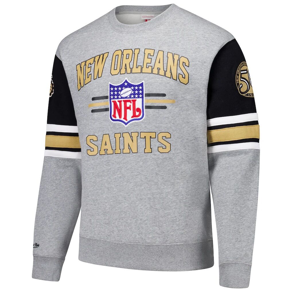 New Orleans Saints Mitchell & Ness All Over 4.0 Vintage Logo Pullover Sweatshirt - Heather Gray