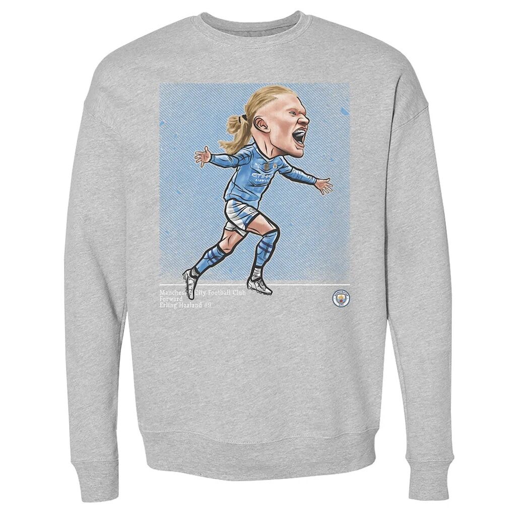 Erling Haaland Manchester City 500 Level Cartoon Player Pullover Crewneck Sweatshirt – Heather Gray