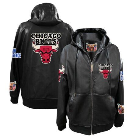 Chicago Bulls Jeff Hamilton Vegan Leather Full-Zip Hoodie - Black - Front View