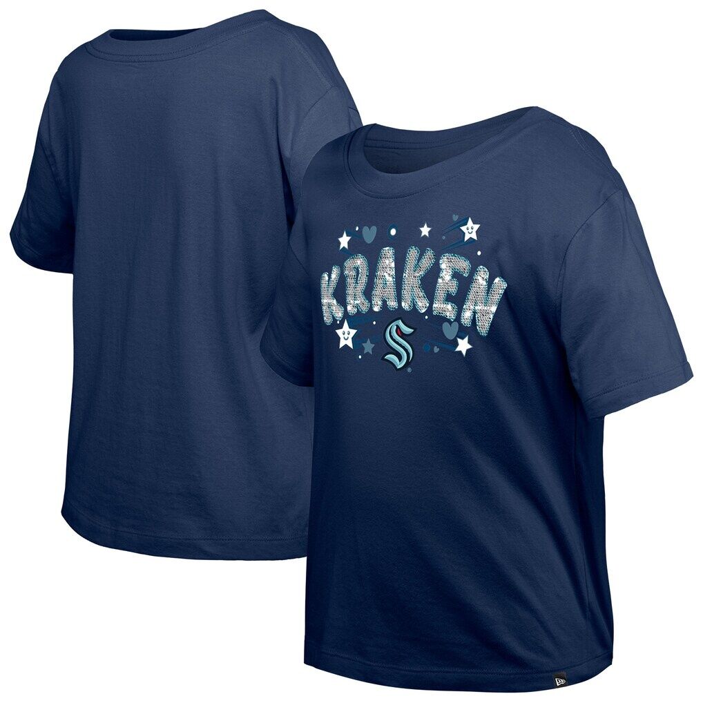 Seattle Kraken New Era Girl's Youth Flip Sequin T-Shirt - Deep Sea Blue