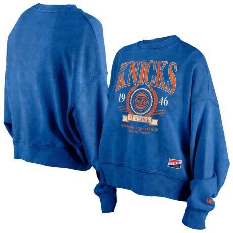 New York Knicks New Era Women's Throwback Vintage Enzyme Wash Oversized Boxy Pullover Sweatshirt - Blue - Front View