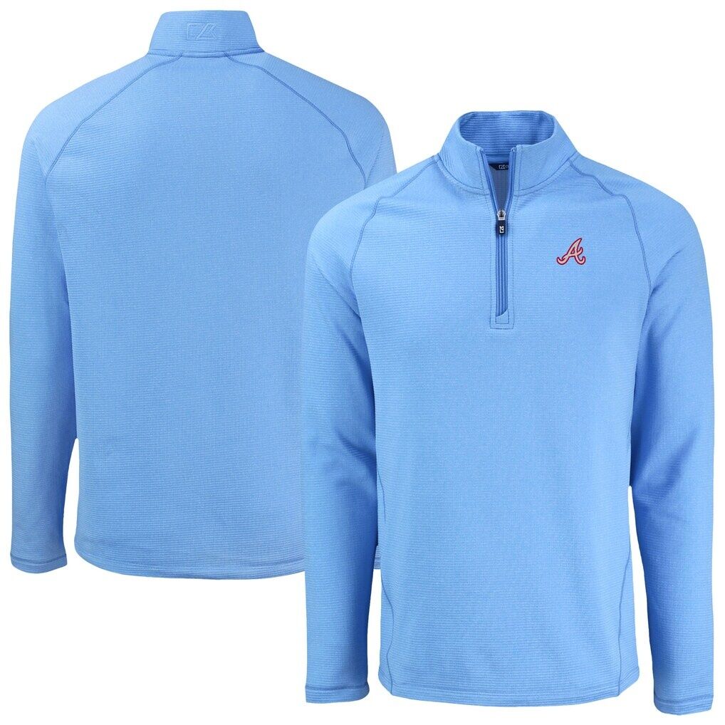 Atlanta Braves Cutter & Buck Peshastin Eco Fleece Recycled Raglan Quarter-Zip Top – Heather Light Blue