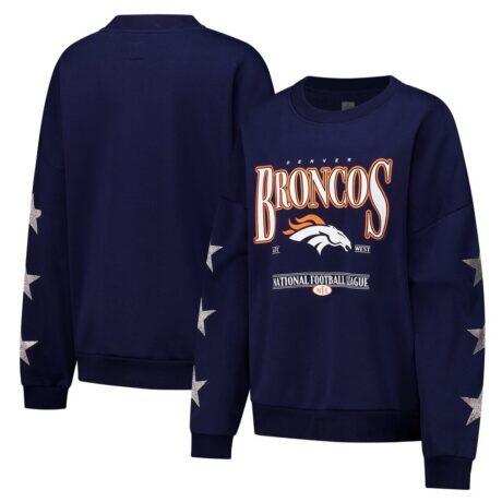 Denver Broncos Gameday Couture Women's Rhinestone Star Sleeve Settle the Score Oversized Tri-Blend Pullover - Navy - Front View