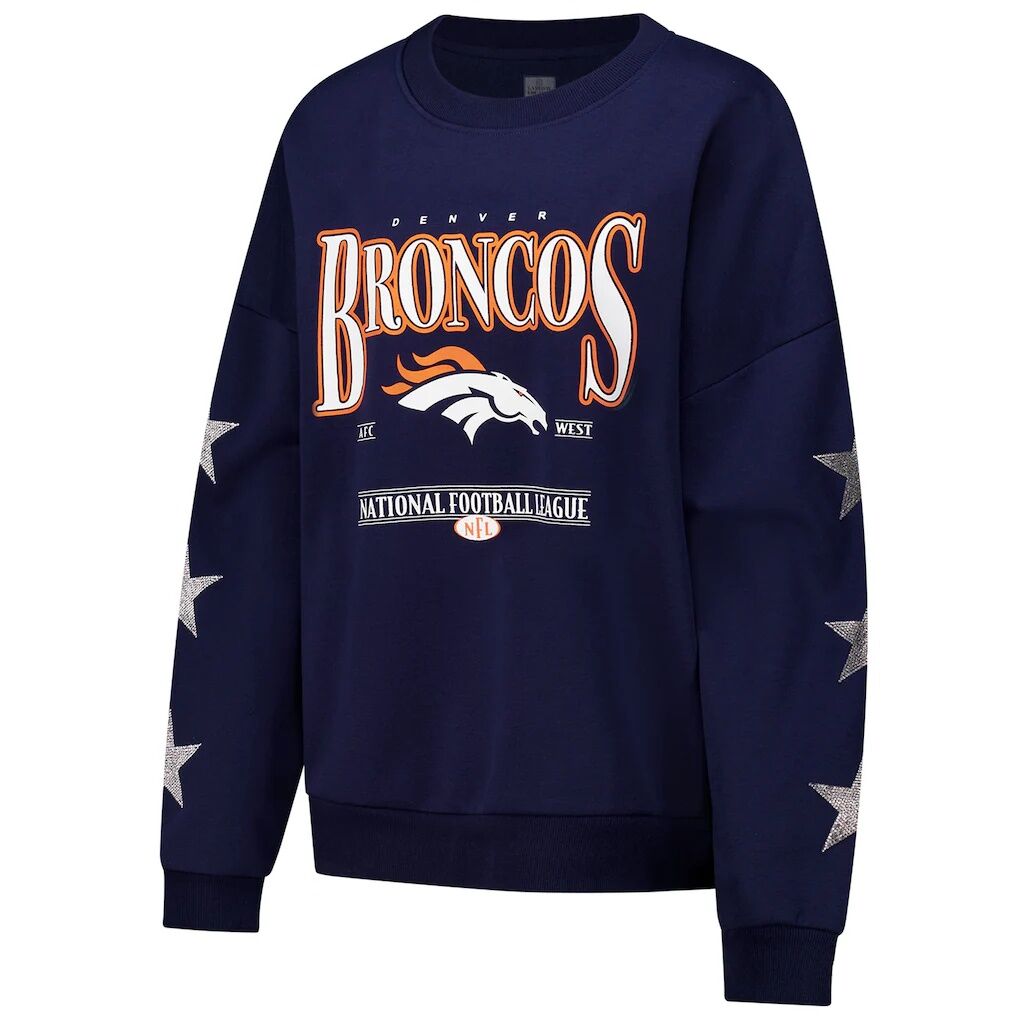 Denver Broncos Gameday Couture Women's Rhinestone Star Sleeve Settle the Score Oversized Tri-Blend Pullover