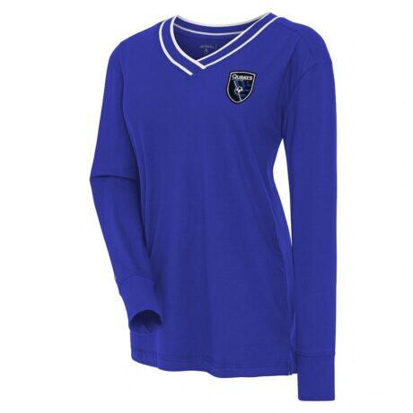 San Jose Earthquakes Antigua Women's Symbolic V-Neck Long Sleeve T-Shirt - Blue - Front View