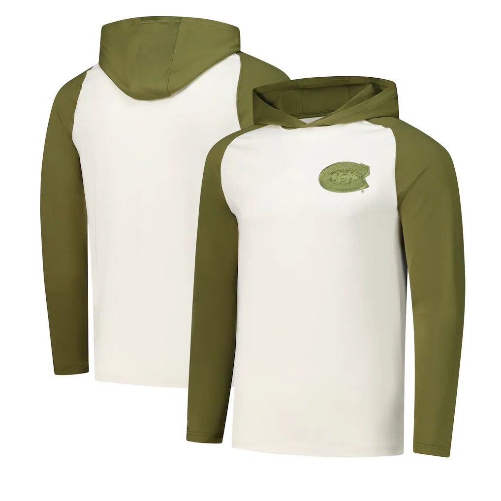 Montreal Canadiens Antigua Intrepid Sand Raglan Long Sleeve Hoodie T-Shirt - Cream/Olive