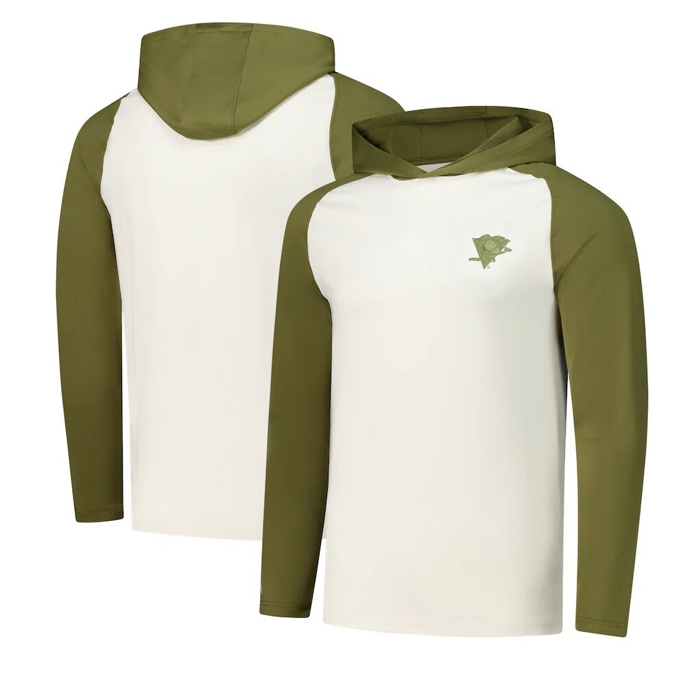 Pittsburgh Penguins Antigua Intrepid Sand Raglan Long Sleeve Hoodie T-Shirt - Cream/Olive