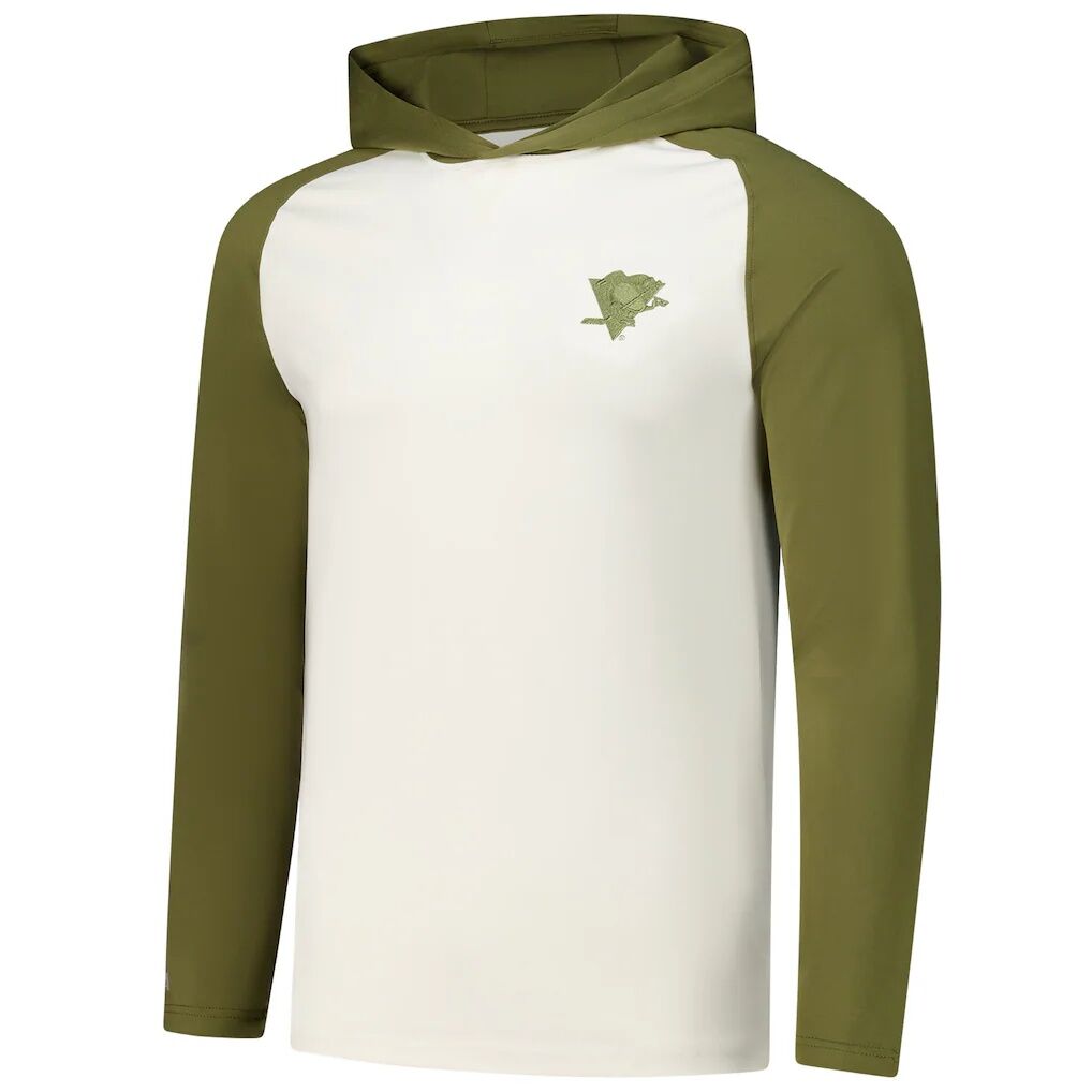 Pittsburgh Penguins Antigua Intrepid Sand Raglan Long Sleeve Hoodie T-Shirt - Cream/Olive