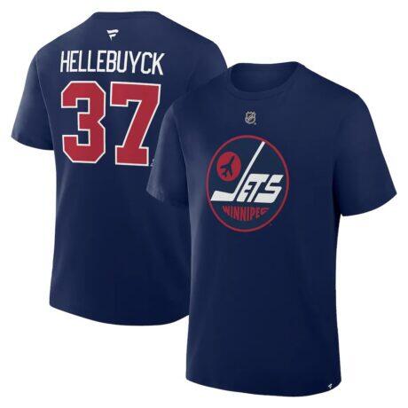 Connor Hellebuyck Winnipeg Jets Fashion7 Authentic Stack Name & Number T-Shirt - Navy - Front View