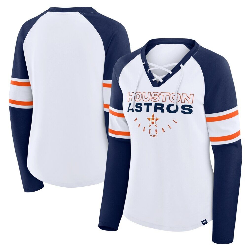 Houston Astros Fashion7 Women’s Blitz Package Raglan Lace-Up V-Neck Long Sleeve T-Shirt – White/Navy