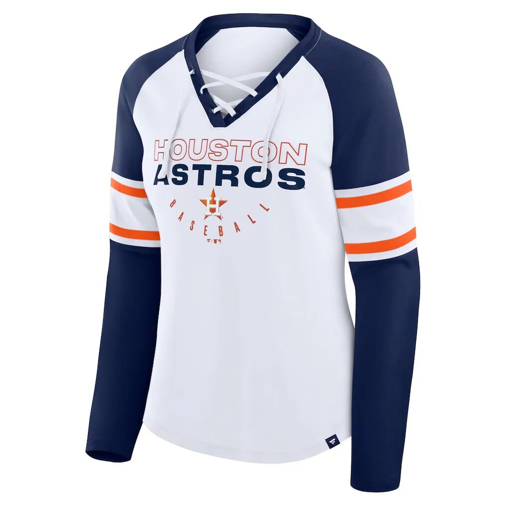 Houston Astros Fashion7 Women’s Blitz Package Raglan Lace-Up V-Neck Long Sleeve T-Shirt – White/Navy