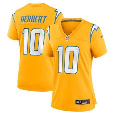 Justin Herbert Los Angeles Chargers Nike Women's Alternate Charger Power Game Jersey - Gold - Front View