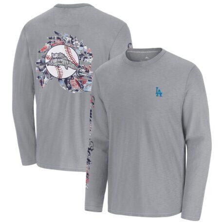 Los Angeles Dodgers Tommy Bahama Tropic Curveball Lux Long Sleeve T-Shirt - Gray - Front View