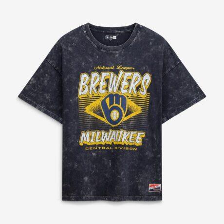 Milwaukee Brewers New Era Women's Mineral Wash Oversized T-Shirt - Navy - Front View