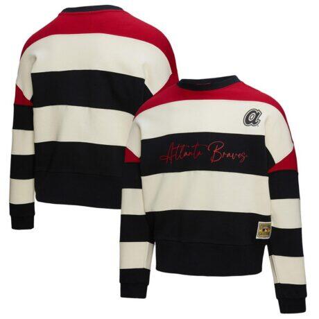 Atlanta Braves Mitchell & Ness Women's Cooperstown Collection Blocked Fleece Pullover Sweatshirt- Red/Black - - Front View