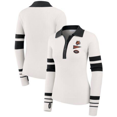 Cincinnati Bengals WEAR by Erin Andrews Women's Ribbed Henley Polo Sweater - White - Front View