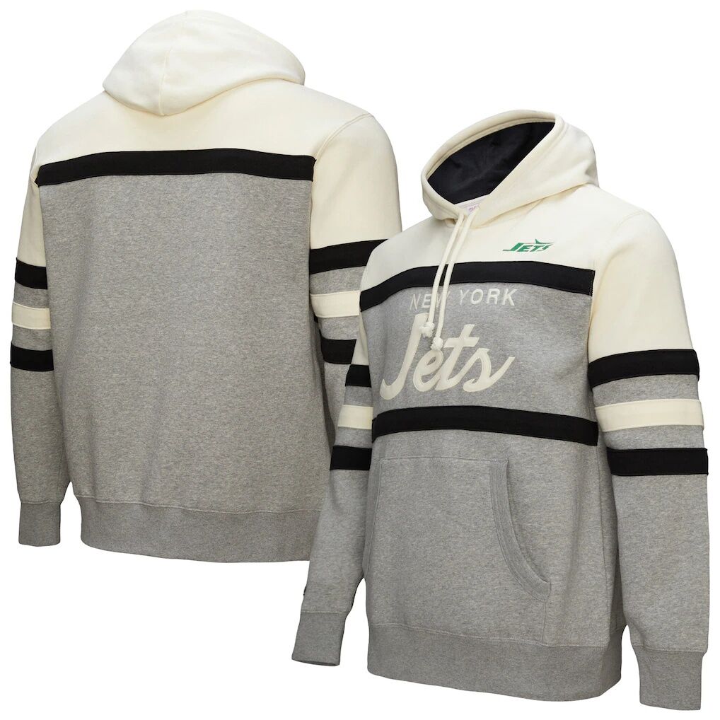New York Jets Mitchell & Ness Head Coach Vintage Logo Pullover Hoodie - Heather Gray