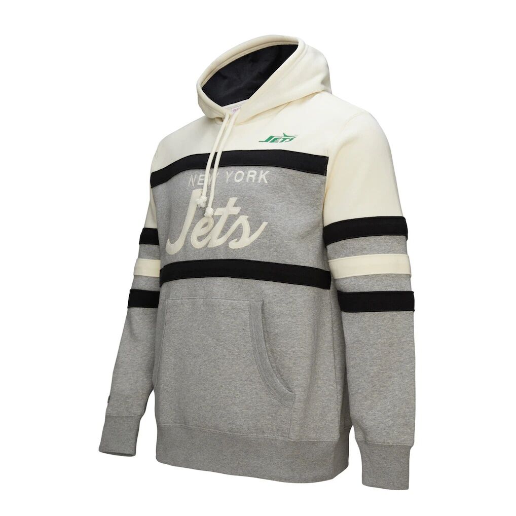 New York Jets Mitchell & Ness Head Coach Vintage Logo Pullover Hoodie - Heather Gray