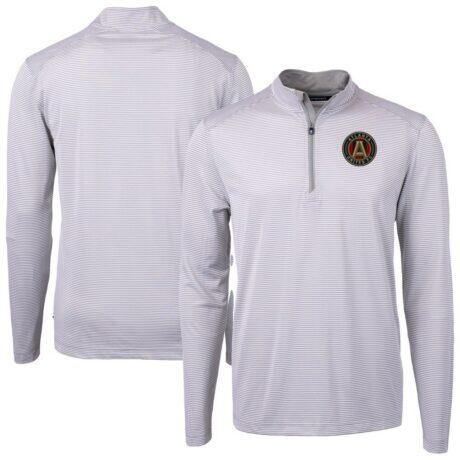 Atlanta United FC Cutter & Buck Virtue Eco Pique Micro Stripe Recycled Quarter-Zip Pullover Top - Gray - Front View