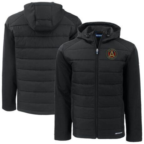 Atlanta United FC Cutter & Buck Evoke Hybrid Eco Softshell Recycled Full-Zip Hooded Jacket - Black - Front View