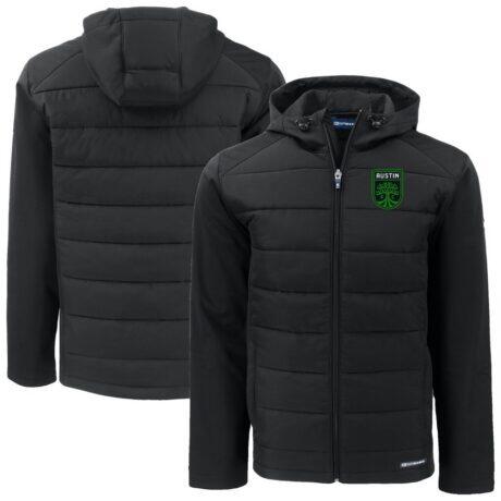 Austin FC Cutter & Buck Evoke Hybrid Eco Softshell Recycled Full-Zip Hooded Jacket - Black - Front View