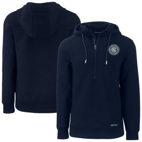 New York City FC Cutter & Buck Roam Eco Half-Zip Recycled Pullover Hoodie - Navy - Front View