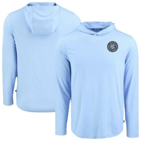 New York City FC Cutter & Buck Coastline Epic Comfort Eco Recycled Long Sleeve Hoodie T-Shirt - Powder Blue - Front View