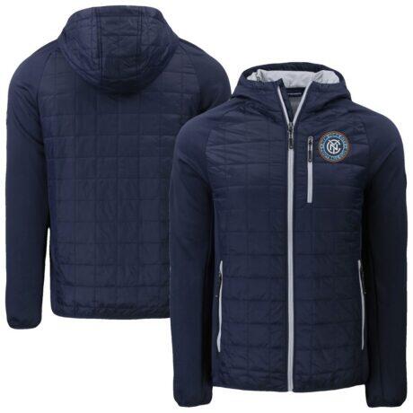 New York City FC Cutter & Buck Rainier PrimaLoft® Eco Raglan Full-Zip Hoodie Hybrid Jacket - Navy - Front View