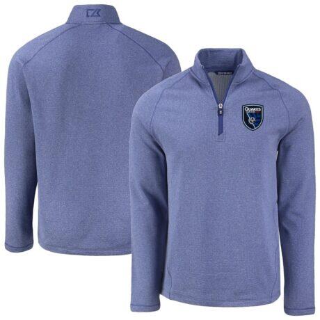 San Jose Earthquakes Cutter & Buck Peshastin Eco Fleece Recycled Raglan Half-Zip Top - Heather Blue - Front View