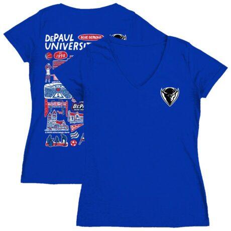 DePaul Blue Demons Vive La Fete Women's Impressions Artwork V-Neck T-Shirt - Royal - Front View