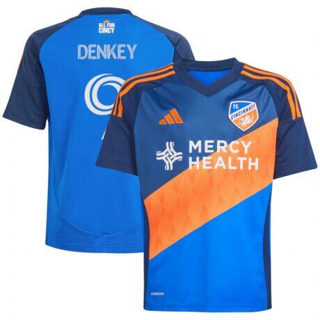 Kévin Denkey FC Cincinnati adidas Youth 2025 Orange and Blue Legacy Kit Replica Player Jersey - Blue - Front View