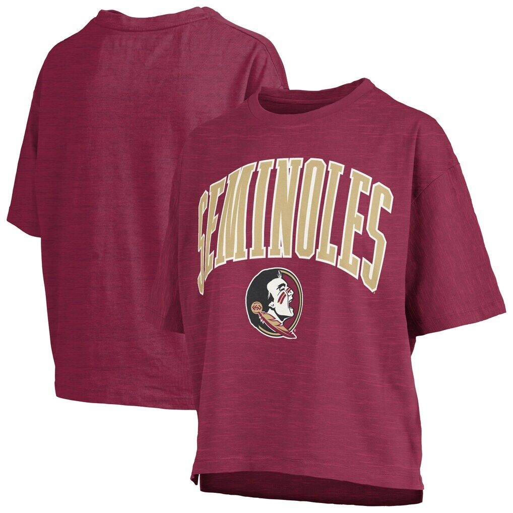 Florida State Seminoles Pressbox Women's Nelson Arch Over Logo Waist Length Oversized Slub T-Shirt - Garnet