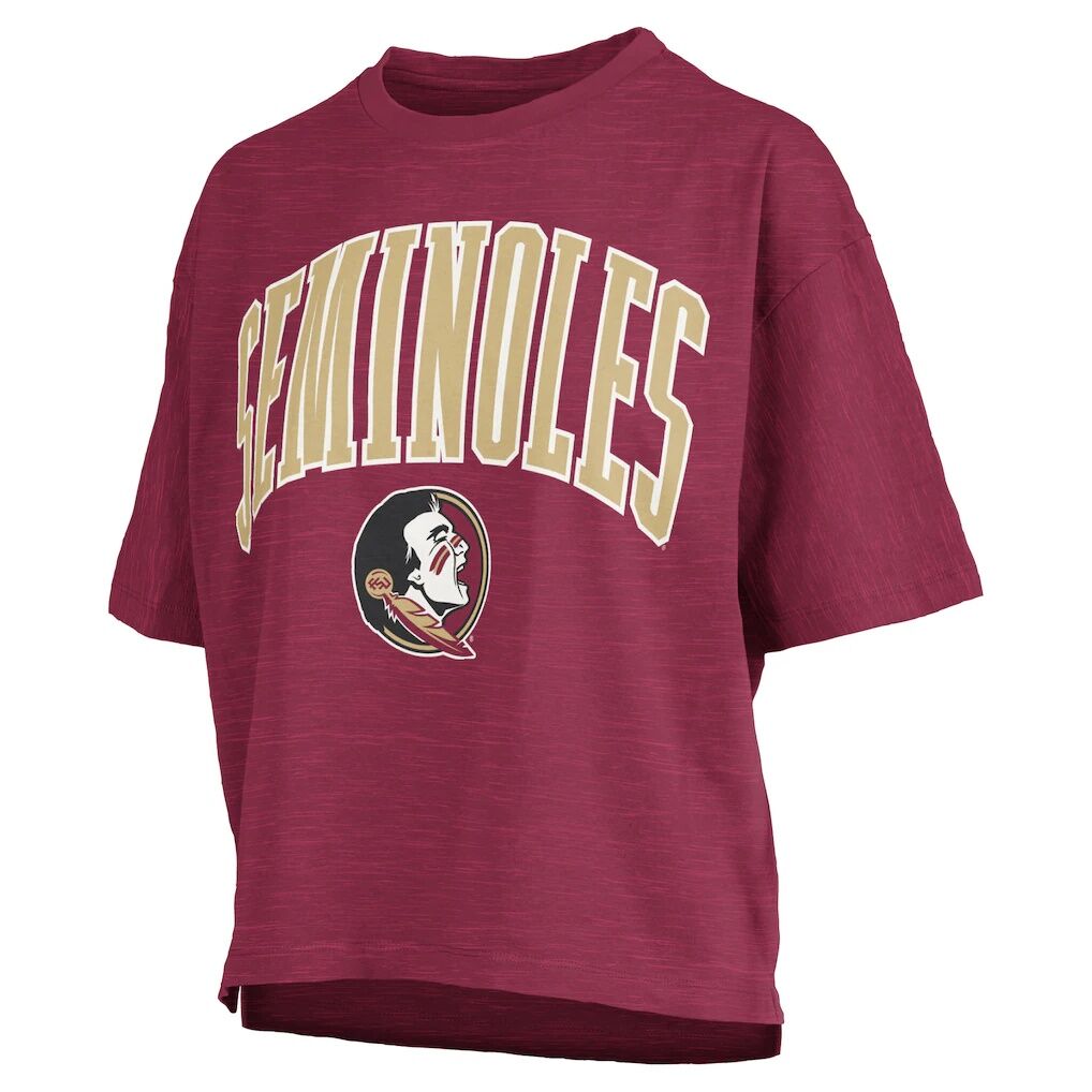Florida State Seminoles Pressbox Women's Nelson Arch Over Logo Waist Length Oversized Slub T-Shirt - Garnet