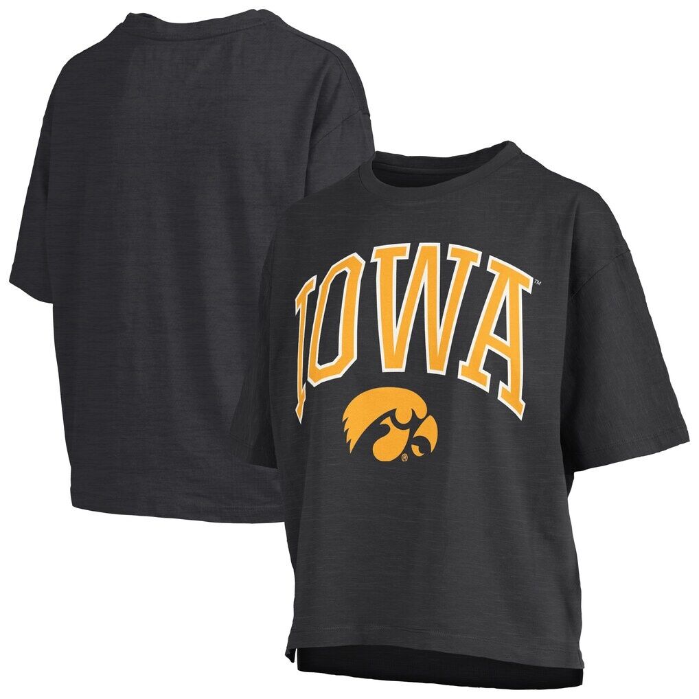Iowa Hawkeyes Pressbox Women's Nelson Arch Over Logo Waist Length Oversized Slub T-Shirt