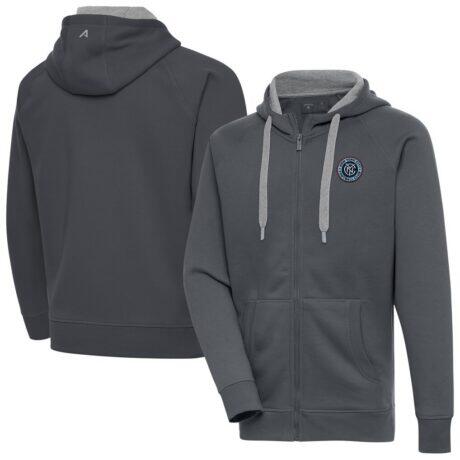 New York City FC Antigua Victory Fleece Raglan Full-Zip Hoodie - Charcoal - Front View