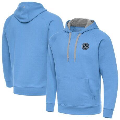 New York City FC Antigua Victory Fleece Raglan Pullover Hoodie - Powder Blue - Front View