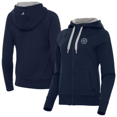 New York City FC Antigua Women's Victory Fleece Raglan Full-Zip Hoodie - Navy - Front View
