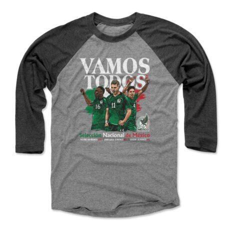 Mexico National Team 500 Level Vamos Todos Julián Quiñones, Santiago Giménez & Edson Álvarez Raglan 3/4-Sleeve Baseball T-Shirt - Black - Front View