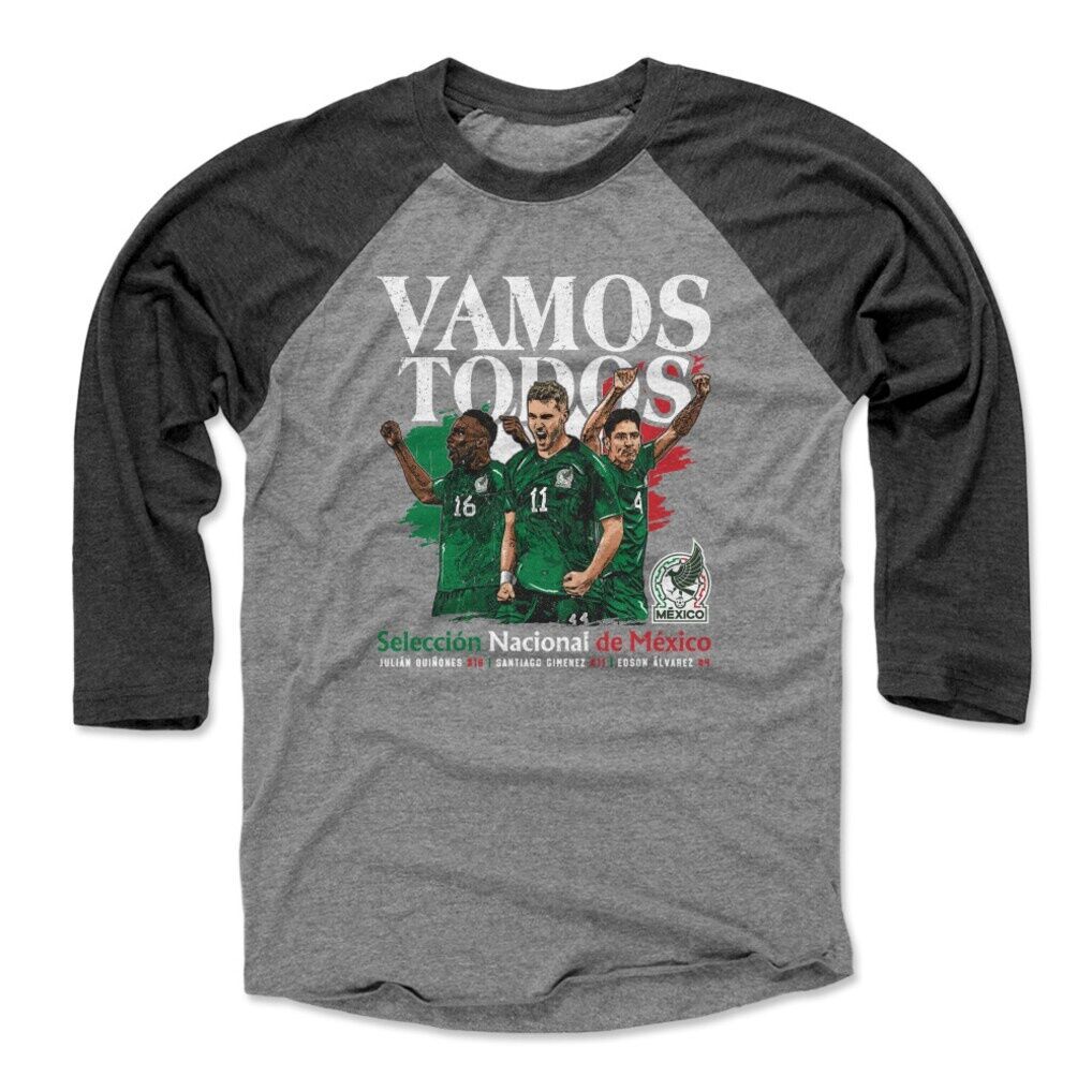 Mexico National Team 500 Level Vamos Todos Julián Quiñones, Santiago Giménez & Edson Álvarez Raglan 3/4-Sleeve Baseball T-Shirt