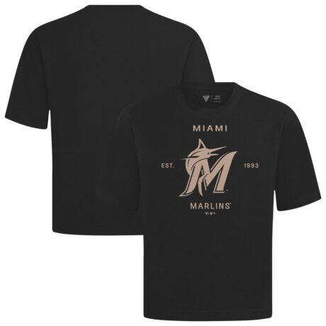 Miami Marlins Levelwear Crossway Oversized Luxe Signature Knit T-Shirt - Black - Front View