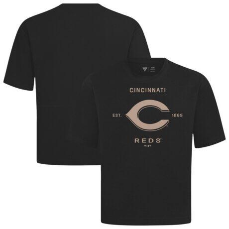 Cincinnati Reds Levelwear Crossway Oversized Luxe Signature Knit T-Shirt - Black - Front View