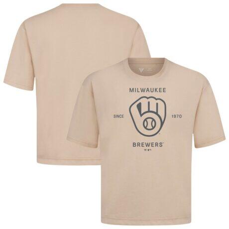 Milwaukee Brewers Levelwear Crossway Oversized Luxe Signature Knit T-Shirt - Khaki - Front View