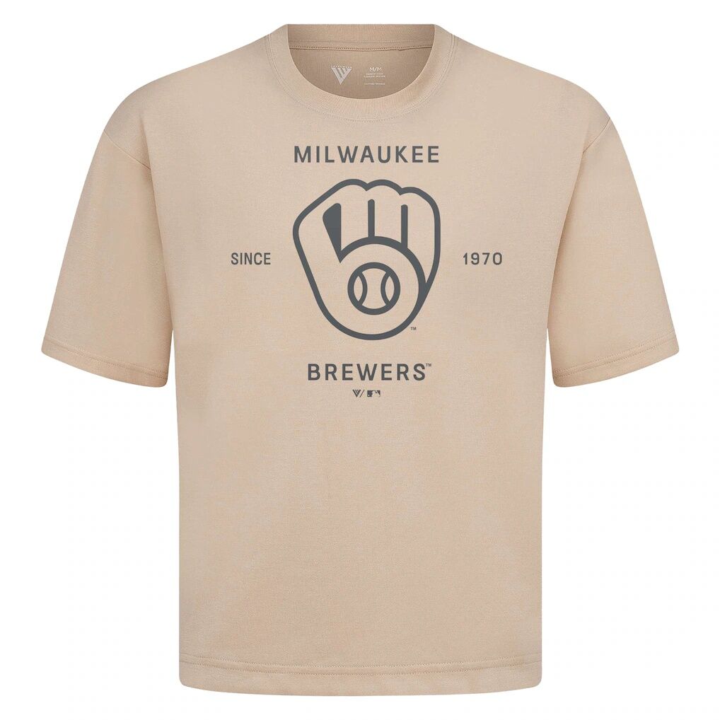 Milwaukee Brewers Levelwear Crossway Oversized Luxe Signature Knit T-Shirt - Khaki