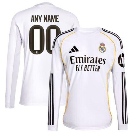 Real Madrid adidas 2025/26 Home Replica Long Sleeve Custom Jersey - White - Front View